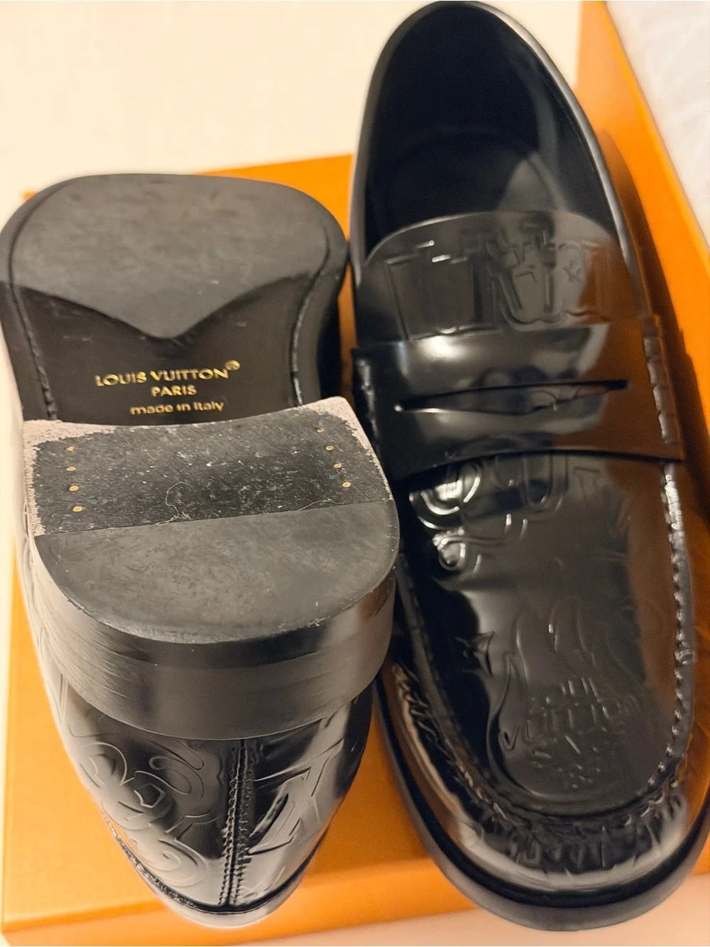Louis Vuitton Black Embossed Leather Penny Loafers. LIMITED EDITION